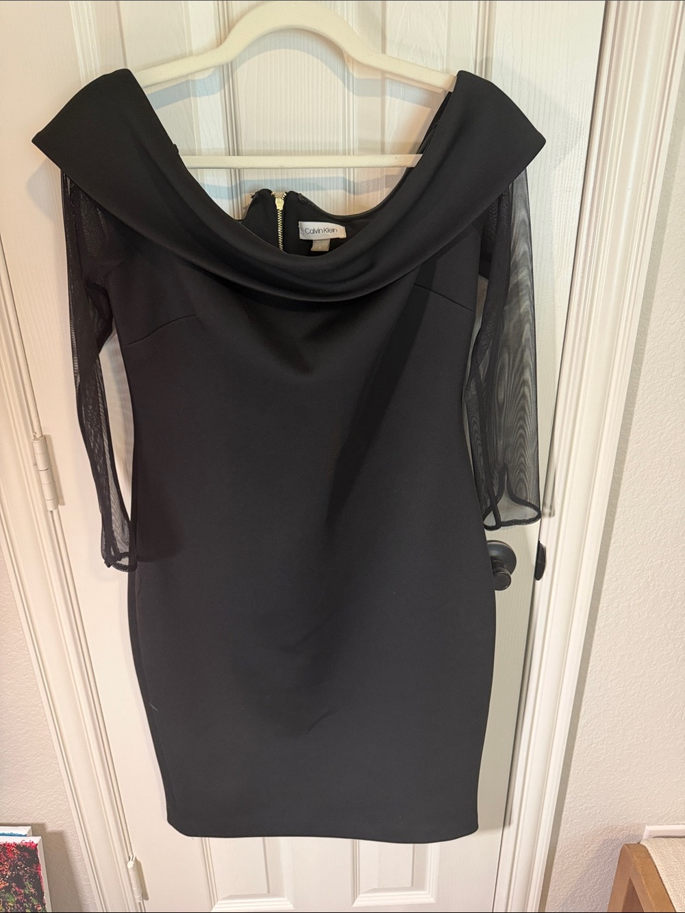 Calvin Klein Black Off-the-Shoulder Sheer-Sleeve Cocktail Dress
